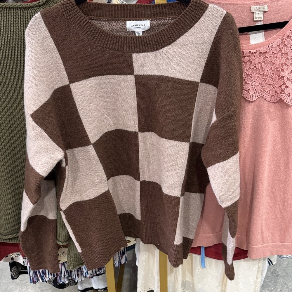 Annie Wear Brown Check Crewneck Sweater